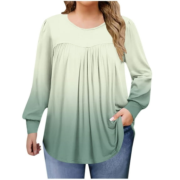 Plus Size Blouses for Women Pleated Casual Long Sleeve Round Neck Shirts Gradient Print Loose Fit Fall Tops
