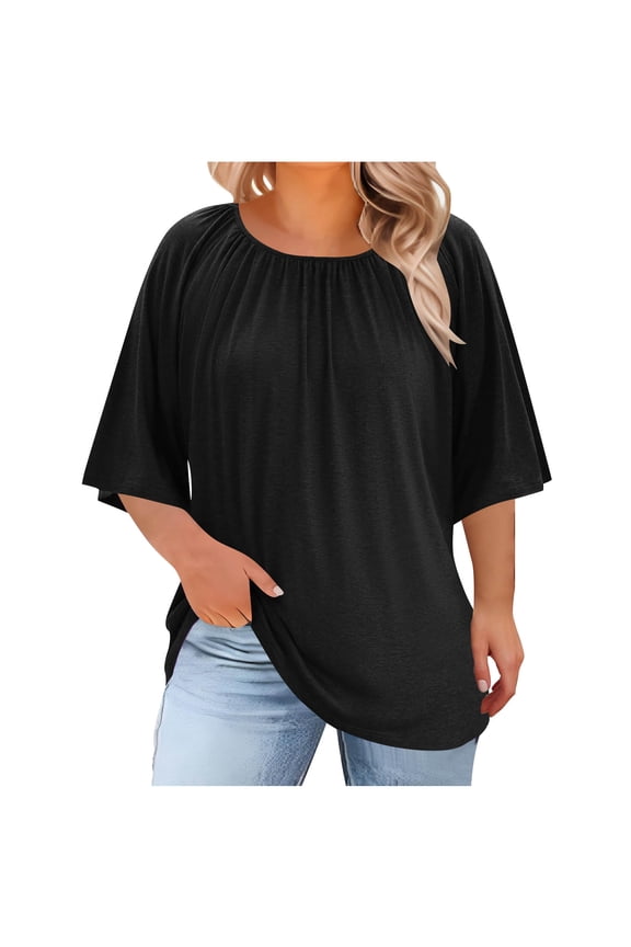 Plus Size Blouses for Women Pleated Crewneck Half Sleeve Tee Swing Flowy Shirt Family Gathering Clothings