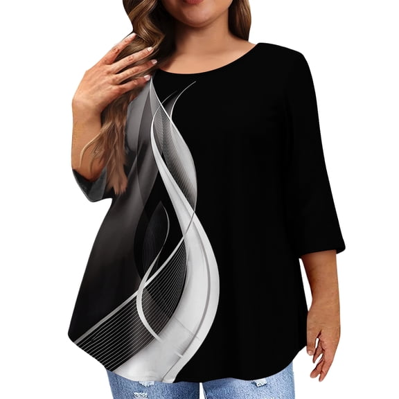 Plus Size Blouses for Women Spring 3/4 Sleeve 4x-5x Tops Dressy Crewneck Tee Tops Floral Printed Loose Shirts