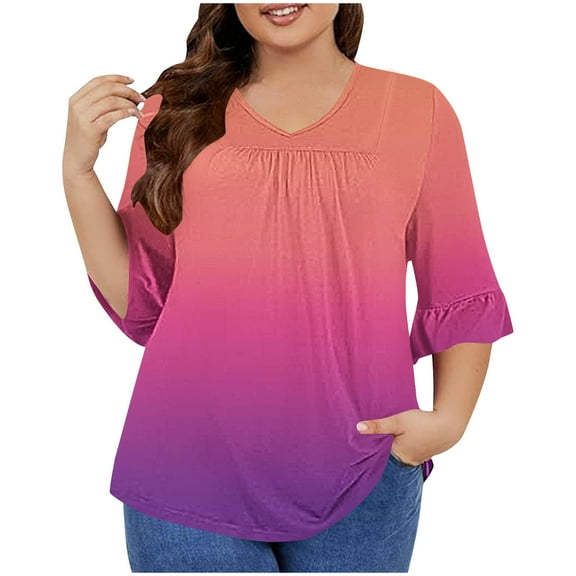Plus Size Blouses for Women Summer Casual Bell Sleeve Pleated Print Tunic Tops Loose V Neck Oversized T Shirts L-5XL, Pink, XXXXL