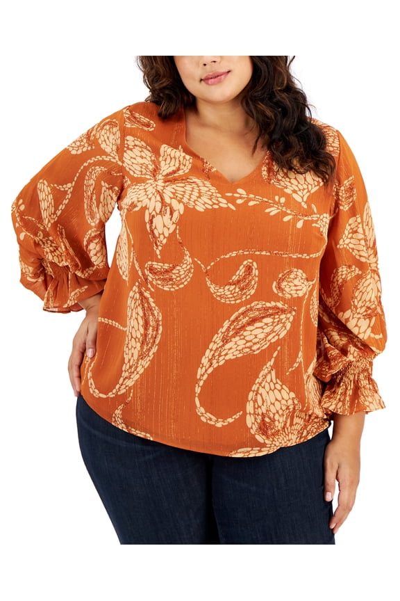 Plus Size Blouson-Sleeve Smocked-Cuff V-Neck Blouse Clay Pot 1X