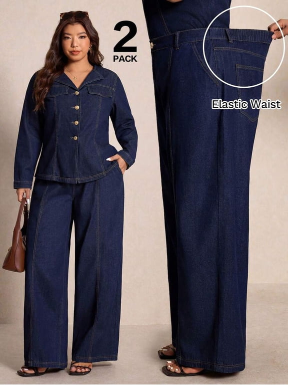 Plus Size Blue-2 Denim 2-Piece Set For Women, Long Sleeve Button Front Top