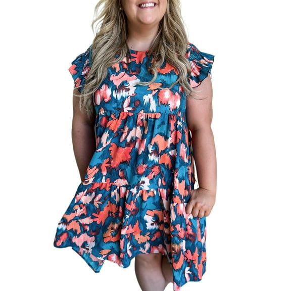 Plus Size Blue Abstract Print Shirred Ruffled Short Sleeve Mini Dress - [ZhiHiMeRi] | (US 26W-28W)4X