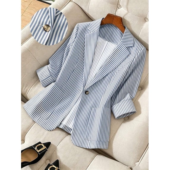 Plus Size Blue And White Vertical Stripe Single-Breasted Office Blazer