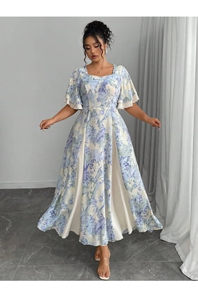 Plus Size Blue Floral Print Square Neck Flutter Sleeve A-Line Maxi Dress with Apricot Insert