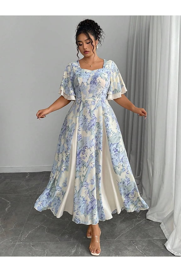 Plus Size Blue Floral Print Square Neck Flutter Sleeve A-Line Maxi Dress with Apricot Insert