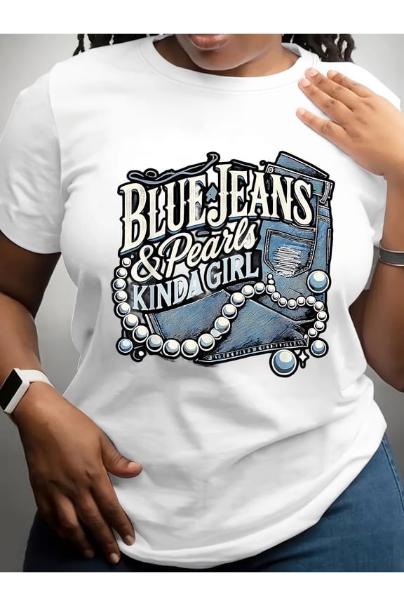 Plus Size Blue Jeans & Pearls Women'S T-Shirts Fashion T-Shirts Tops Shirts Round Neck for Daily Wear