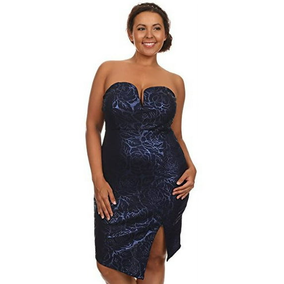 Plus Size Blue Metallic Floral Strapless Sweatheart Sexy Cocktail Dress U.S.A
