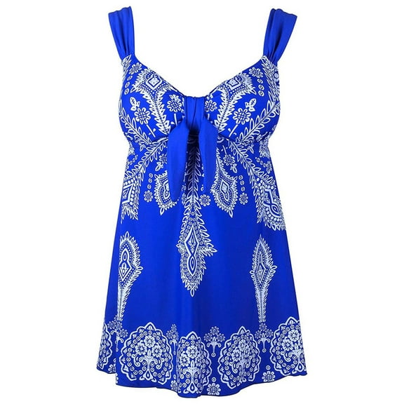 Plus Size Blue Retro Print Fashion Pin Up Swimdress Style Swimsuit Tankini Set