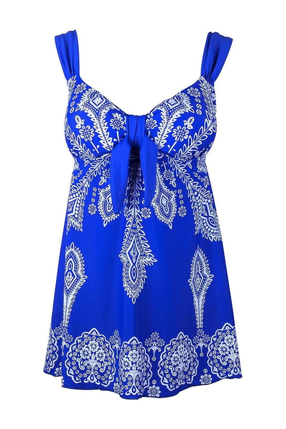 Plus Size Blue Retro Print Fashion Pin Up Swimdress Style Swimsuit Tankini Set