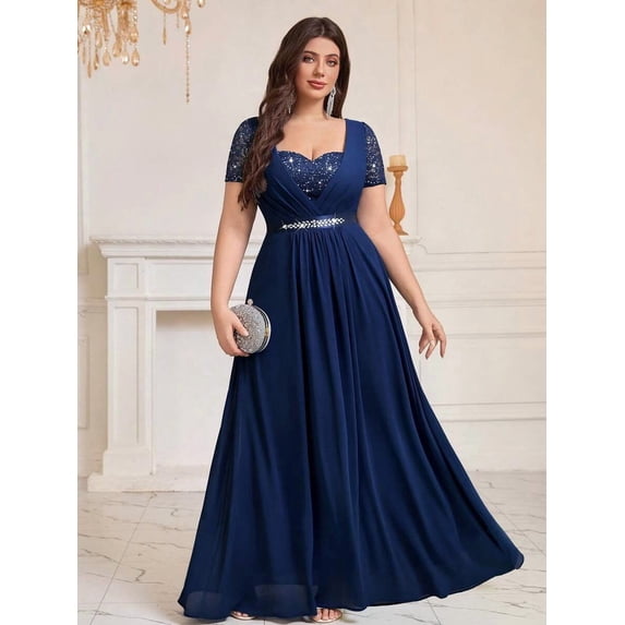 Plus Size Blue Sequin Bodice V-Neck Chiffon Evening Gown Formal Party
