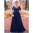 thumbnail image 1 of Plus Size Blue V-Neck Cold Shoulder Sequin Bodice Chiffon Formal Maxi Dress, 1 of 9