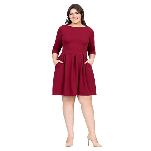 Plus Size Boat Neck Fit N Flare Pocket Dress
