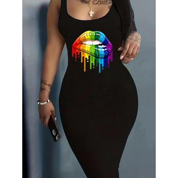 Plus Size Bodycon Dress Rainbow Lip Print Trendy Sleeveless Outfit