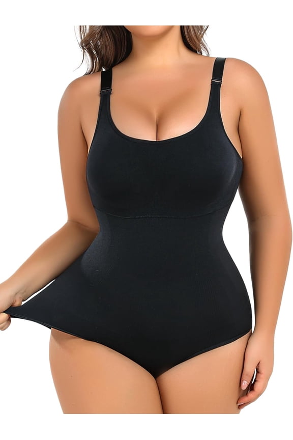 Plus Size Bodysuit Tummy Control Sleeveless Tank Top Built in Bust Support Black Shapewear for Curvy Women
