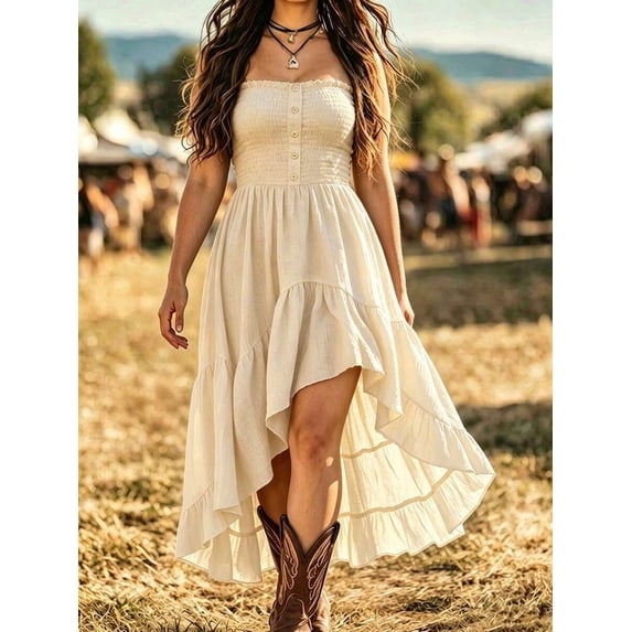 Plus Size Bohemian Asymmetrical Ruffle Hem Cami Dress Apricot