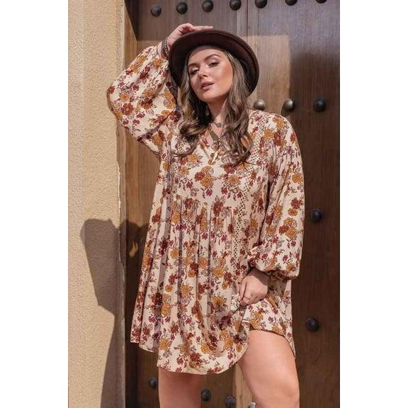 Plus Size Bohemian V-Neck Loose Dress (1XL, LightFawnBeige)