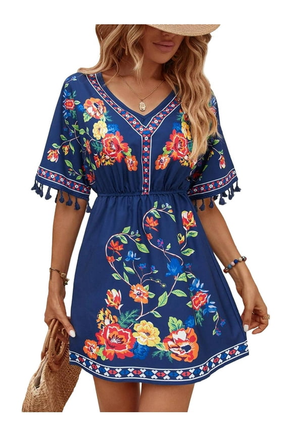 Plus Size Boho Fashion Dress for Women, Short Sleeve Mexican Embroidered Summer Maxi Dress with Pockets, Fiesta Vacation Casual Dress Blue XXL