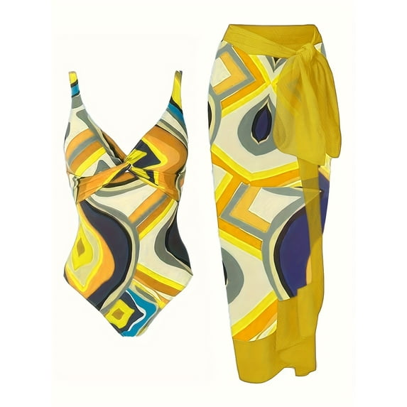 Plus Size Boho Geometric Pattern Tankini Set with Removable Padding and Knit Fabric High Stretch V-Neck Strapless Swimsuit for Women - Polyester Spandex Blend