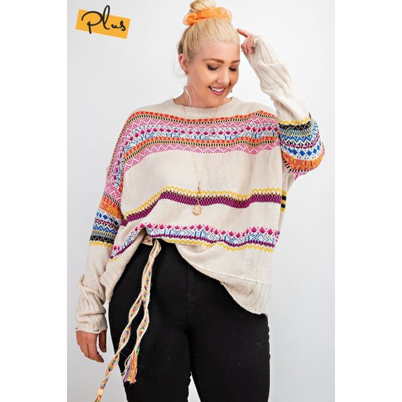 Plus Size Boho Patterned Knitted Sweater Pullover 1XL