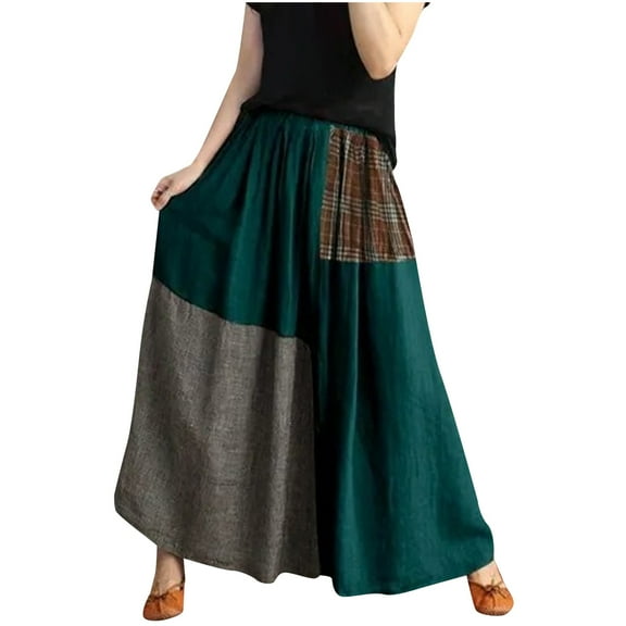 Plus Size Boho Skirt Womens Retro Patchwork Ruffle Flare Flowy Cotton Linen Skirts Green, XL