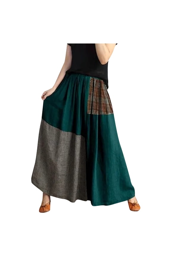 Plus Size Boho Skirt Womens Retro Patchwork Ruffle Flare Flowy Cotton Linen Skirts Green, XXL