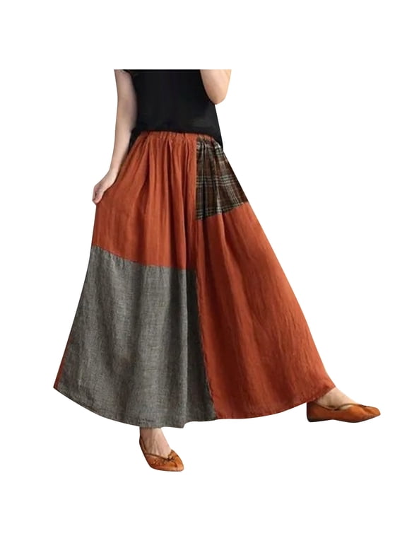 Plus Size Boho Skirt Womens Retro Patchwork Ruffle Flare Flowy Cotton Linen Skirts Red, 4XL