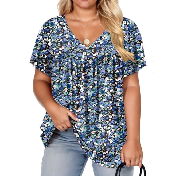 NISVIYA Plus Size Boho Tops Lightweight Xl Pleated Ruffle Sleeve Floral Print Shirts YH003