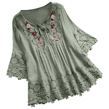 Plus Size Boho Tops for Women Cotton Linen Lace Hollow out Loose Fitting Hide Belly Summer Casual Blouse Shirts (5X-Large, Green)