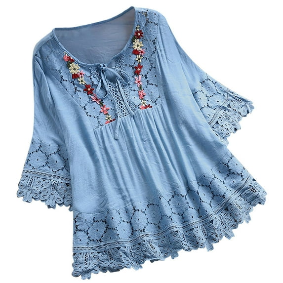 Plus Size Boho Tops for Women Cotton Linen Lace Hollow out Loose Fitting Hide Belly Summer Casual Blouse Shirts (Small, Blue)