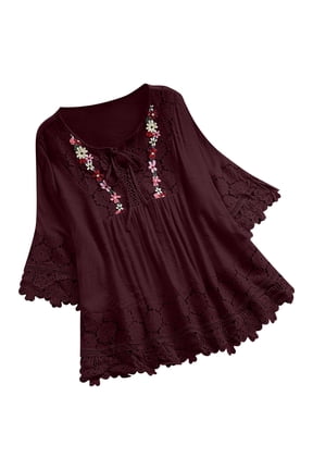 Plus Size Boho Tops for Women Cotton Linen Lace Hollow out Loose Fitting Hide Belly Summer Casual Blouse Shirts (XX-Large, Wine)