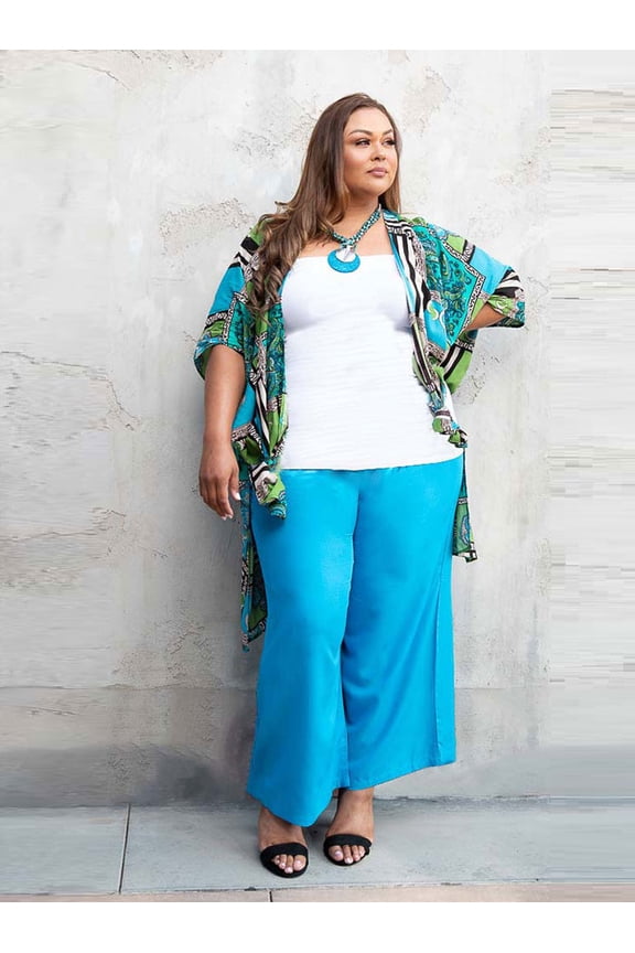 Plus Size Bold Green/Blue Print Short Kimono Duster With Side Slits