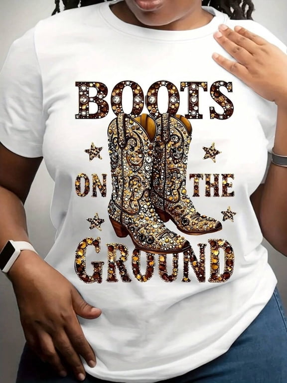 Plus Size Boots On The Ground T-Shirt Rhinestone Cowboy Boot Graphic Tee Women's Western Short Sleeve Crewneck Top