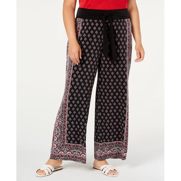 Plus Size Border Print Tie Waist Pants Romanian Foular 3X