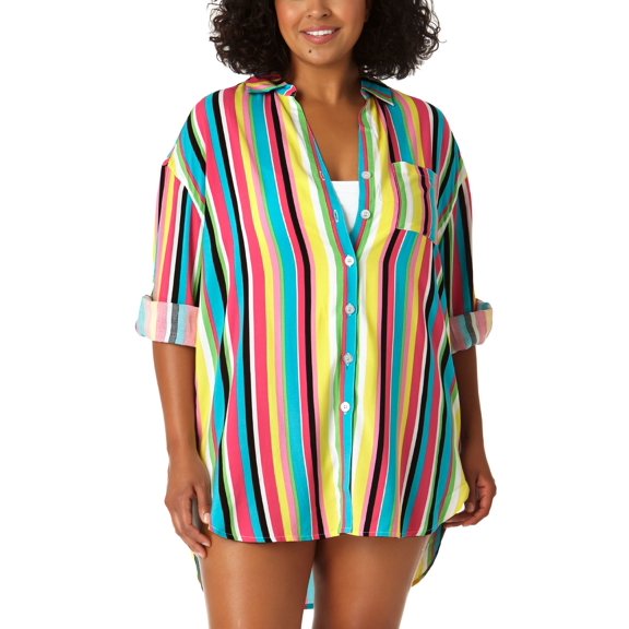 Anne Cole Plus Size Boyfriend Button-Dow Multi Stripe 1820