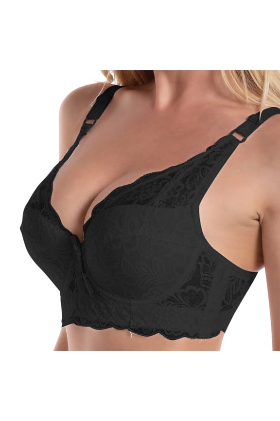 Plus Size Bra, Plunge V Neck Wirefree Bra Soft Comfy Wirefree Front Closure Lightweight Deep V Bra Full Coverage Supportive Bra Bust Shaping Wirefree Bra Thin Underwear, Black