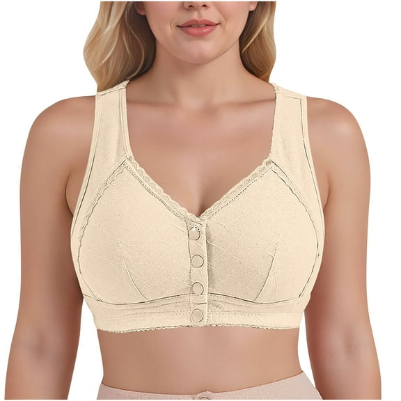 Plus Size Bras For Older Women Front Closure No Underwire Bra Breathable Full Coverage Light Lined Bralette Push Up Bra (L, Beige)