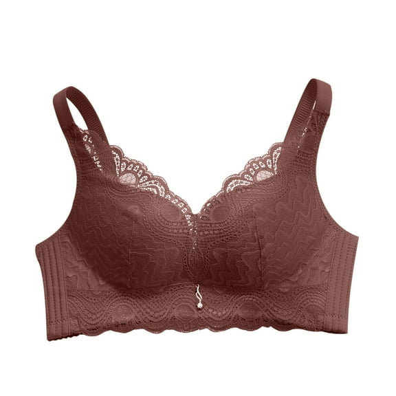 Plus Size Bras Women Ladies Comfortable Breathable No Underwire Lace Push up Bra Woman Underwear V-Neck Padded Bra Feature Hook and Eye Closure Molded Bra Style Y-589 , Coffee 34