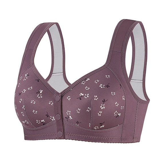 Plus Size Bras for Senior Women, Wireless Front Snaps Balconette Soft Comfortable Push up Everyday Floral Brassiere Purple S
