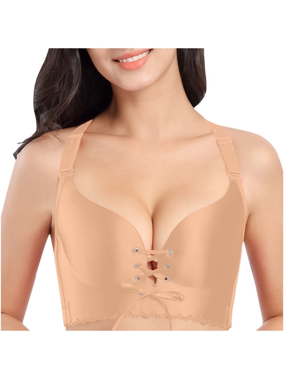 Plus Size Bras for Women 34D-52D Push Up Bras Womens Seamless Drawstring Deep V D Cup Comfortable Everyday Tshirt Bra