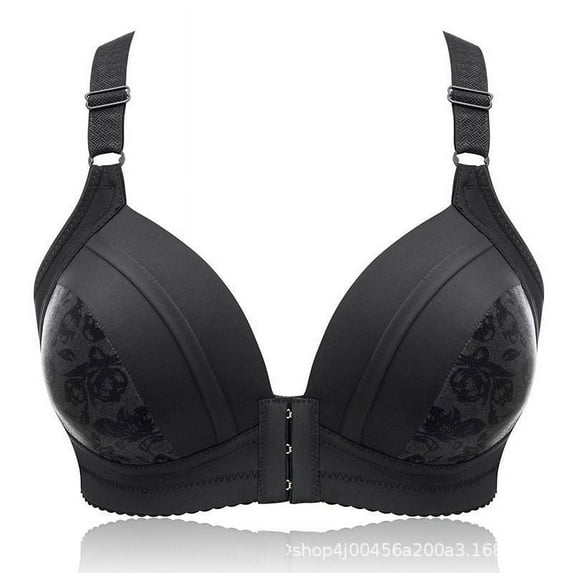 Plus Size Bras for Women No Underwire Push Up Front Closure Bra Lace Full Coverage Shaping Supportive Wireless Bralette, Black