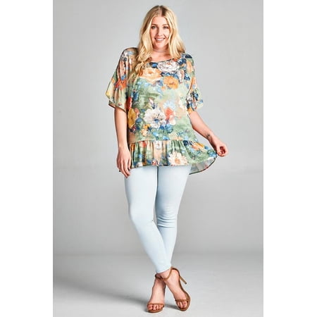 Plus Size Breezy Floral Print Dobby Ruffled Blouse Made in USA - 1X