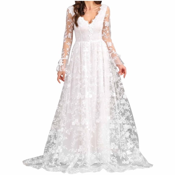 Plus Size Bridesmaid Dresses Long Sleeves Wedding Dresses for Bride Womens White Elegant Mesh Wedding Dress Lace Bridal Gowns Lace Maxi Dress Business Casual Dress for Women S-56 White L