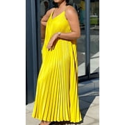 Plus Size Bright Yellow Pleated Maxi Dress, Spaghetti Strap V-Neck Flowy A-Line Sleeveless Summer Dress