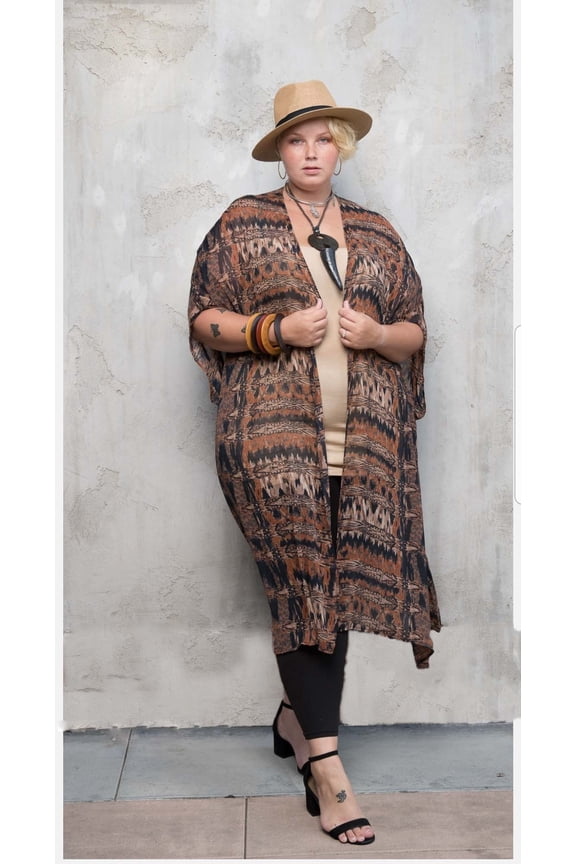 Plus Size Brown/Black/Tan Maxi Kimono Duster With Side Slits