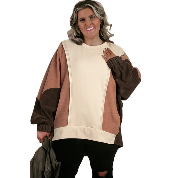 Plus Size Brown Colorblock Hoodie with Exposed Seams - [ZhiHiMeRi] | (US 14W-16W)1X