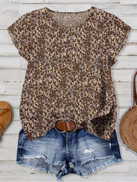 Plus Size Brown Ditsy Floral Ruffle Hem Casual Blouse Top