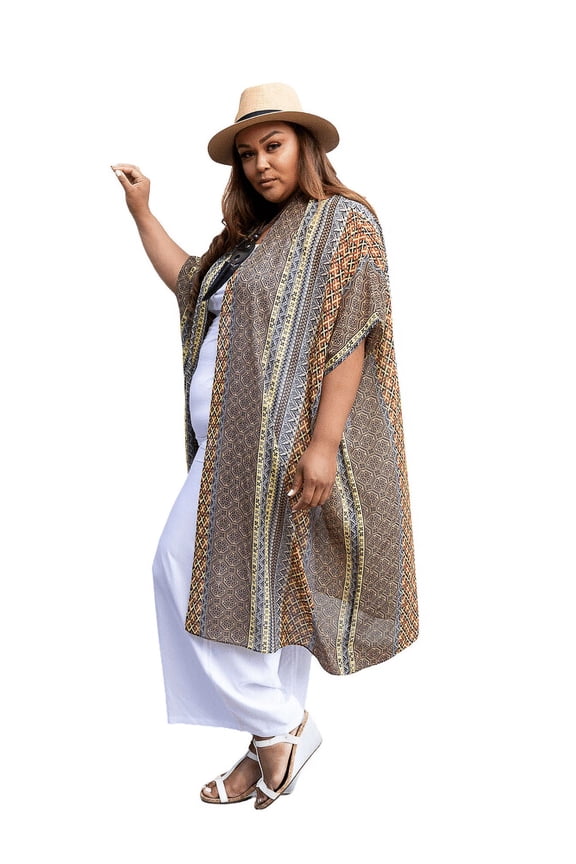 Plus Size Brown/Yellow/Black Maxi Kimono Duster