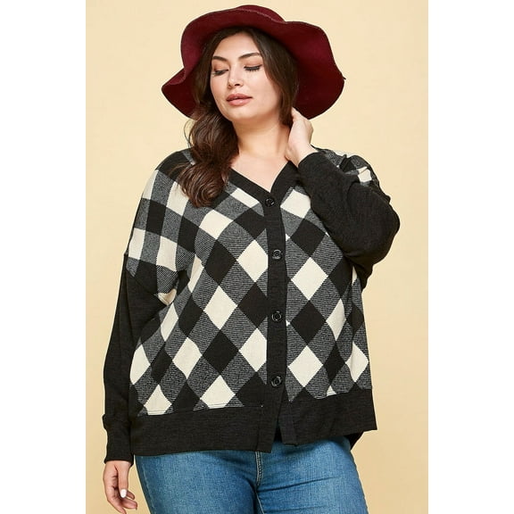 Plus Size Buffalo Plaid Knit Button Up Oversize Cardigan Off White/Black 2XL