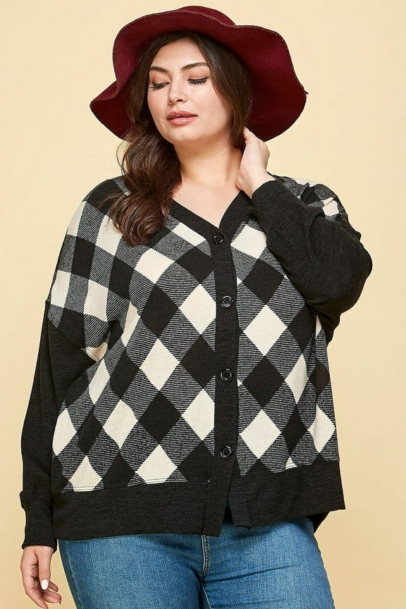 Plus Size Buffalo Plaid Knit Button Up Oversize Cardigan Off White/Black 2XL